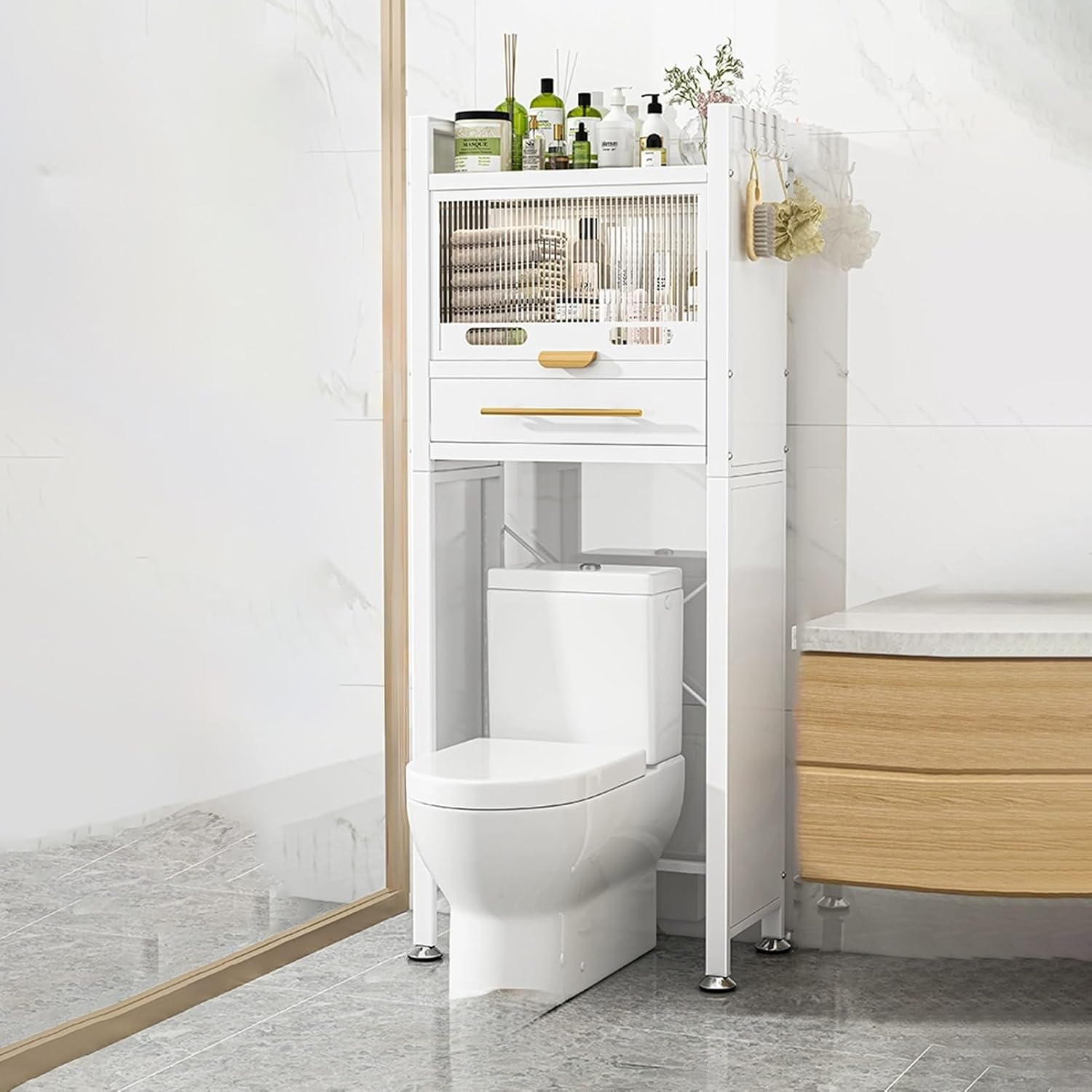 Over The Toilet Storage Cabinet, Bathroom Storage Over The Toilet, Bathroom Organizer Over with Acrylic Doors and Drawers