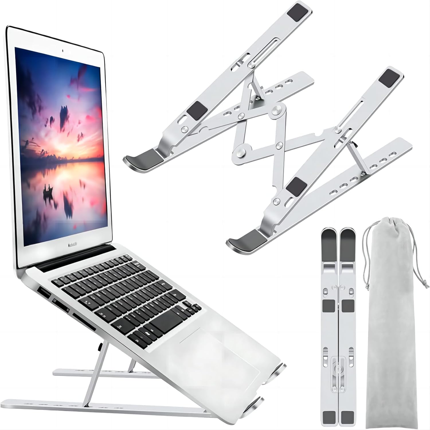 Laptop Stand for Desk, Adjustable Foldable Aluminum Riser, Silver | Supports most 10-15.6 inch laptops and tablets with adjustable height and angle for improved comfort